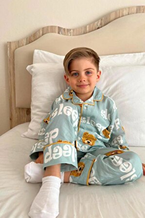 Çocuk Unisex Önü Düğmeli Mavi Ayıcık Sleep Desenli 2'li Alt Üst Pijama Takımı